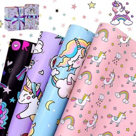 Pack of 4 Christmas Wrapping Paper, Gift Wrapping Paper Packaging, Cartoon Gift Wrapping Paper, Colourful Wrapping Paper for Wedding, Birthday, Valentine's Day, Christmas and Parties (50 x 70 cm)