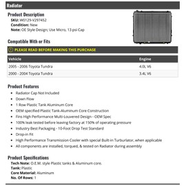 Radiator - Compatible with 2000-2006 Toyota Tundra 3.4L 4.0L V6 (For Use with 13 PSI Cap)