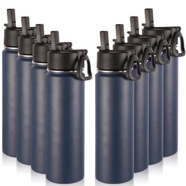 Volhoply Insulated Water Bottles with Straw Bulk 8 Pack, 22 oz Stainless Steel Sports Bottle with Handle Lid,Double Walled Metal Travel Water Thermos with Wide Mouth, Reusable Water Flask(Navy,8 Set)