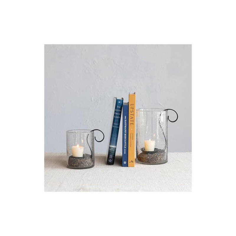 Creative Co-Op Reclaimed Bubble Glass Hurricane with Metal Candle Holder,