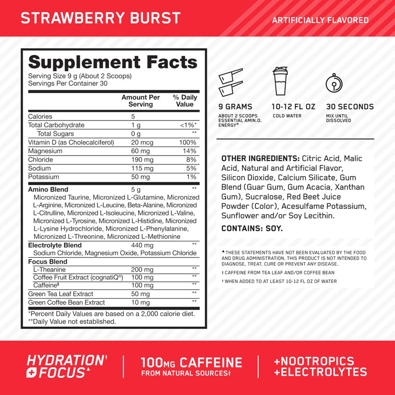 Optimum Nutrition Amino Energy Powder Plus Focus, with BCAA, Electrolytes,