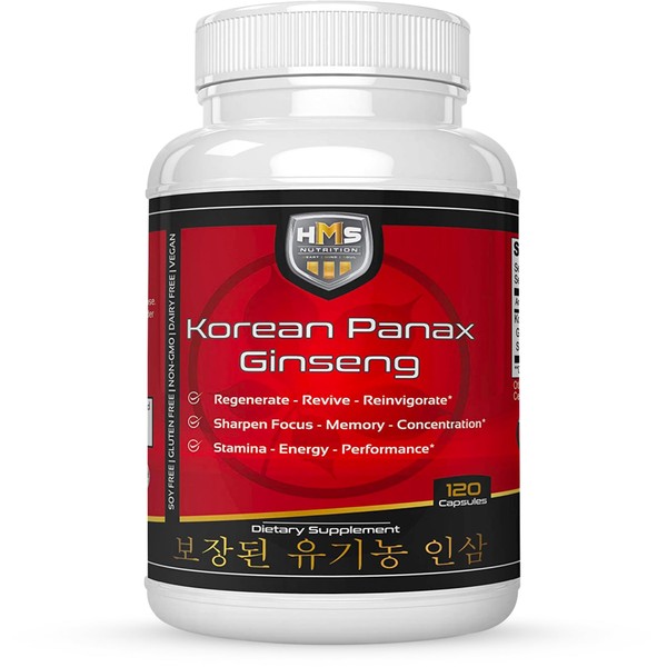 Certified Organic 2000mg Korean Red Panax Ginseng 120 Vegan Capsules Super Strength Extract - High Ginsenosides Supports Energy, Stamina, Performance and Mental Health