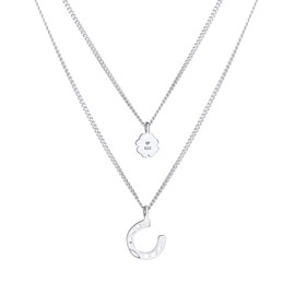 Women's Necklace Layer Silver with Clover Leaf (6 mm) and Horseshoe Symbol (10 mm), Double Row Chain with Lucky Pendant Made of 925 Sterling Silver, Lucky Chain Basic Accessory for Women and Girls,