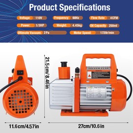 BACOENG 4 CFM 1/3 HP Vacuum Pump, 110V Single Stage Rotary Vane HVAC Vacuum Pump for R12 R22 R134a R410a R1234yf AUTO AC Refrigerant Recharging, Degassing Resin