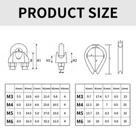 Wire Rope Clamp, 304 Stainless Steel Wire Rope Clips, U-Bolt, U-Shaped Steel Cable Connector for Wire Ropes, Cables and Cables (12 Wire Rope Clamps & 12 Wire Rope Thimbles)