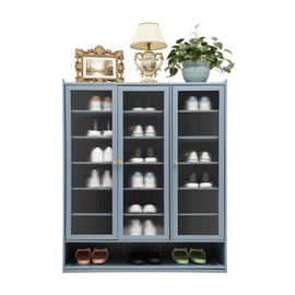 MUSESPANI Bamboo Shoe Storage Cabinet Organizer with 3 Doors,8 Tier Freestanding Shoes Heels Sneakers Shoe Rack Shelf for Entryway Hallway Living Room,Haze Blue (35.8×12.6×42.1in)