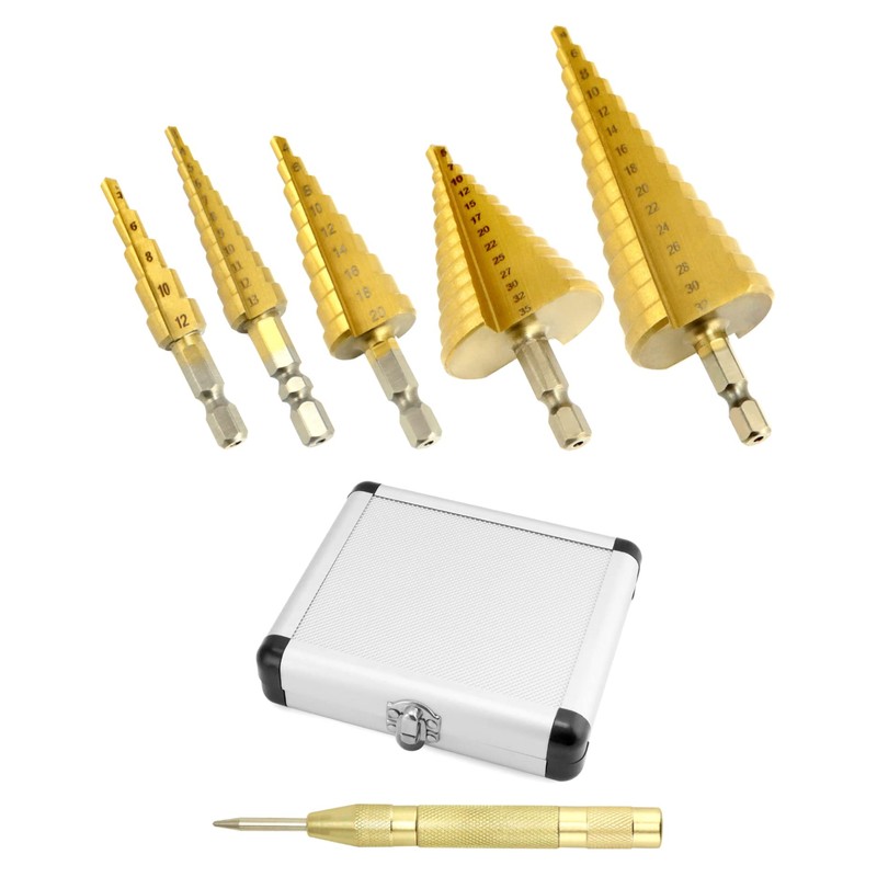 QWORK® 5-Piece Step Drill Taper Drill Bit Titanium Coated HSS