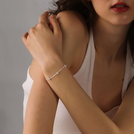 Bheop Bracelets for Women 925 Sterling Silver Plated Bracelet Small Clover Flower Charm Pendant Stackable Link Chain Hypoallergenic Body Jewelry Cute Trendy Gifts