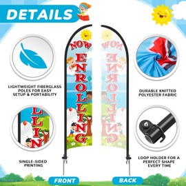 CroBlissful 1 Pack Now Enrolling Daycare Feather Flag Swooper Flag Weatherproof Polyester Preschool Banner 12ft x 2.5ft for Outside Business Advertising(Now Enrolling)