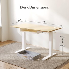 Seang Standing Desk with Drawer, 48" x 24" Height Adjustable Stand Up Desk, 3 Memory Height Settings with Cable Grommets & Storage Hooks, Ideal for Home & Office, Nature