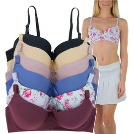 ToBeInStyle Women's Pack of 6 Smooth Solid Classic Bras & White w/Floral Print - 34D