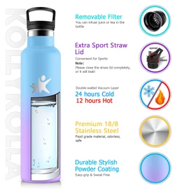 KollyKolla Thermos Flask, 1 Litre, Suitable for Carbonated Drinks, Stainless Steel Drinking Bottle with Straw, Thermos Flask, BPA-Free, Insulated Flask, Leak-Proof, for Office, Camping, Bike, Fitness