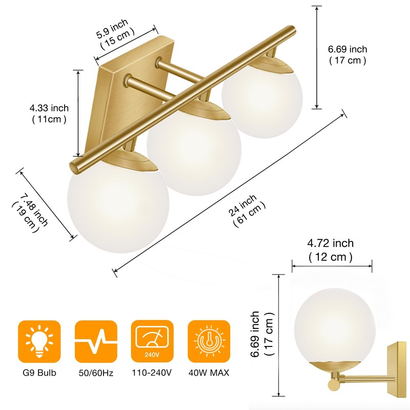 YHTlaeh New Bathroom Vanity Light 3 Lights Fixtures Brushed Brass