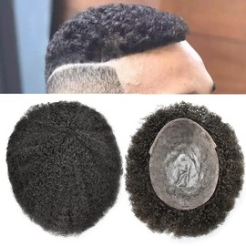 Afro Curl Toupee for Black Men Hair System Replacement African American Mens Toupee Human Hair Pieces 8X10 Injected Full Poly Skin PU Afro Kinky Curly Mens Wigs Afro Wavy 6mm, #1 Jet Black