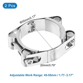 sourcing map 2Pcs T-Bolt Hose Clamp, 304 Stainless Steel Intake Soft Hose, Clamp Range 45-55mm for 2.17" Hose ID, T-Clamps for Automotive, Intercooler, Radiator, Silver