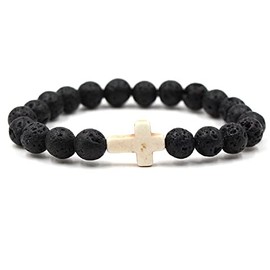 tenghong2021 8mm Natural Stone Bracelet Religious Cross Beads Link Bracelet Lava Volcanic Stone Beads Turquoise Cross Elastic Stretch Bracelet-White