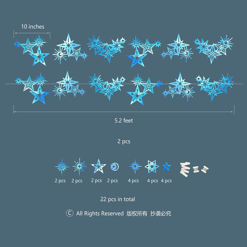 Cheerland Holographic Blue Star Iridescent Star Garland Décor for Space