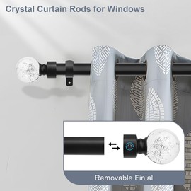 knobelite Black 1 Pack Window Treatment Single Curtain Rods, Adjustable Curtain Rod from 36 to 72 Inches with Crystal Finial Finials,1-Inch Curtain Rods for Windows