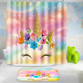 Poedist 4 Pcs Bathroom Shower Curtain Set,Kids Bathroom Sets with Rugs(Bath Mat,U Shape and Toilet Lid Cover Mat) and 12 Metal Hooks,Multicolor Cute Flowers