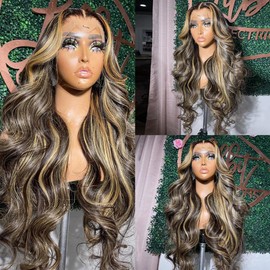 QUANDIAN 13x6 Body Wave Lace Front Wigs Human Hair 180% Density FB/27 Balayage Highlight Lace Front Wig Human Hair 24 Inch HD Lace Frontal Wigs Human Hair Glueless Wigs Balayage Wig Human Hair