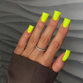 SXVME Neon Green Press On Nails Medium -Duck Press On Nails Short, Opaque Solid Neon Square Fake Nails with Glue, Fit Perfectly, Reusable Soft Gel Stick on Nails for Women, 24 Pcs