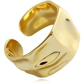 REELMAR Gold Adjustable Chunky Ring for Women 14K Gold Plated Wide Concave Surface Ring Vintage Open Wrap Around Ring Trendy Punk Statement Jewelry (Concave-Gold)