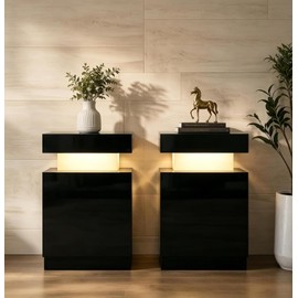 Black Nightstands Set of 2, LED End Table for Bedroom, Modern Bedside Table with Door One Storage Cabinet, Night Stand with Led Light