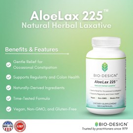 Bio-Design Aloe Lax 225 Natural Herbal Laxative - Gentle Relief for Occasional Constipation, Gas, & Bloating with 225mg Natural Aloe Ferox - Supports Bowel Regularity & Colon Health - 180 Capsules