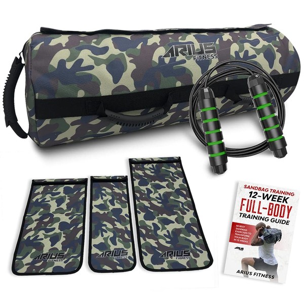 Arius Fitness Heavy Duty Workout Sandbag for Fitness, Adjustable Weight, Training Kit - Jump Rope & A- Total Body Workout Ebook are Included. Tactical Fitness, Crossfit, Home Workouts– Camouflage