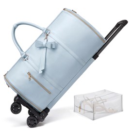 STHMEOOHT Rolling Garment Bag with Wheels, Luxury Travel Garment Duffle Bag for Women, 3-in-1 Convertible Suit Carry On Garment Bag for Travel PU Leather Luggage Bag for Business w/Shoe Pouch, Blue