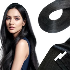 Qingliang Tape Extensions Real Hair 55 cm Real Hair Extensions Tape Black Extensions Real Hair Tapes Invisible 50 g 20 Pieces Hair Extensions Real Hair Tape Seamless (Off Black, 55 cm)