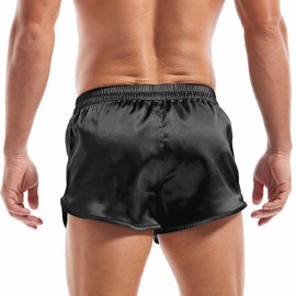 AMY COULEE Mens Satin Shorts Silk Boxers Sexy Split Side Lounge Shorts 3 Inch Pajama Bottoms (L, Black)
