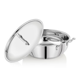 Vinod Majestic Stainless Steel Indian Kadai with Lid, Sandwich Bottom, 3.2 Liter / 24 cm, Induction Compatible, Even Heat Distribution, Perfect for Frying & Sauteing, Dishwasher Safe, Pack of 1