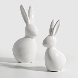 Pawliss Easter Decorations: Elegant White Ceramic Bunny Figurines Set of 2, Cute Farmhouse Rustic Easter Rabbit Statue Different Size for Spring Easter Holiday Home Office Table Party Decor