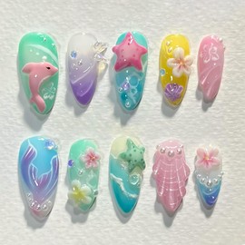 WBRRFJJ 30Pcs Beach Press on Nails Medium Almond Acrylic False Nails with Colorful Flower Starfish Pearl Butterfly Design Full Cover Artificial Glossy Handmade Stick on Nails for Women