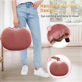 LUE BONA Small Curved Foot Stool with Handle, Pink Velvet Footstool and Ottomans, Modern Foot Rest with Wooden Legs, Step Stool with Padded Seat for Couch, Living Room…