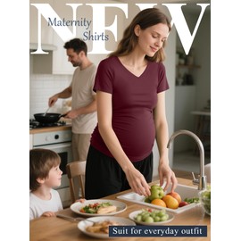 Huukeay 4 Pack Women's Maternity Shirts, V Neck Maternity Top Short Sleeve Casual Tee Side Ruched Pregnancy Clothes(Black, Lake Blue, Wine Red, Navy Blue,Medium)