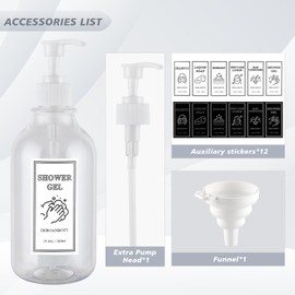 DEROANBOTT Shampoo and Conditioner Dispenser, Refillable Plastic Shampoo Pump Bottles with Waterproof Labels, Empty Body Wash Dispenser Set for Bathroom, Shower Soap Bottles (Transparent)