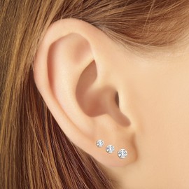 3 Pairs Set Sterling Silver Round Cut Solitaire Cubic Zirconia CZ Stud Earrings, (3mm, 4mm and 5mm)