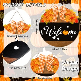 Moucuny Fall Sign for Front Door Autumn Wooden Hanging Sign Hello Fall Wood Welcome Sign with Bow Fall Decorations for Home Farmhouse Welcome Fall Sign for Thanksgiving Home Front Porch Decor