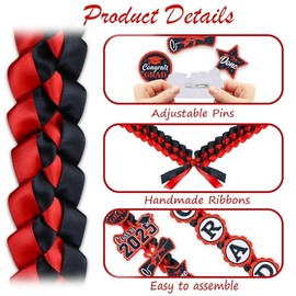 JOTFA Graduation Leis 2025, Graduation Money Leis Handmade Double Braided Ribbon Lei with 8 Graduation Glitter Patches for Graduation Party Decorations (Graduation Lei, Red & Black)