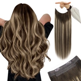 YoungSee Wire Extensions Brown Balayage Hair Extensions with Adjustable Transparent Line Ombre Dark Brown with Ash Blonde Fish Line Human Hair Extensions Balayage Hair Wire Extensions 18Inch 80G