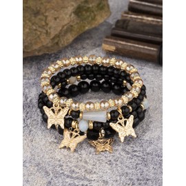 Yecomsy 4Pcs/Set Bohemian Butterfly Bracelets Crystal Beaded Butterfly Stretch Bracelets Boho Summer Colorful Stackable Bracelet for Women -Black