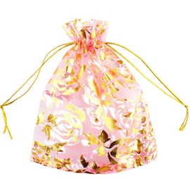 QIANHAILIZZ 100 pcs 3.5 x 4.7 Inch Flower Heart Organza Jewelry Gift Pouch Candy Pouch Drawstring Wedding Favor Bags X92 (pink gold flower)
