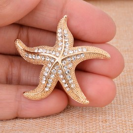 Fenni Crystal Starfish Conch Shell Crab Fish Marine Organism Sea Ocean Life Creatures Star Brooch Pin (Gold Starfish)