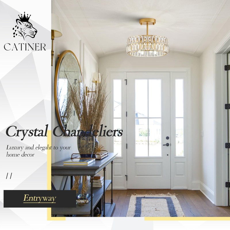 CATINER Small Gold Crystal Chandeliers, Modern Semi Flush Mount Chandelier