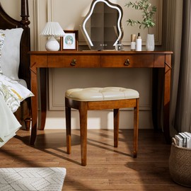 VERDANTREE Vantity Bench Stool with Upholstered, Elegant Modern Bed Stool, Makeup Dressing Bench,Versatile for Living Room, 19.3”X 14.9”×19.3”, Easy Assembly Beeswax Leg &Cream White Seat FD-HNY-BG