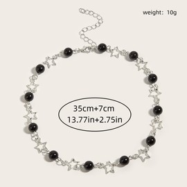 Star Pearl Choker Necklaces, Adjustable Bohemian Beaded Hollow Chain Necklaces, Dainty Y2k Charm Statement Jewelry Gifts for Women Teen Girls (Black)