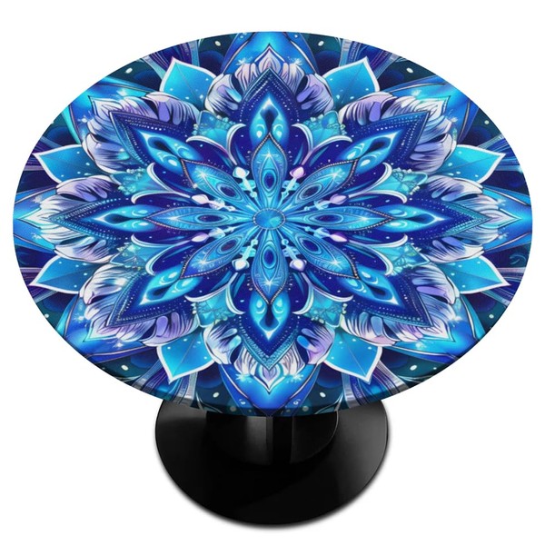 Round Fitted Tablecloth with Elastic Edged Boho Mandala Washable Polyester