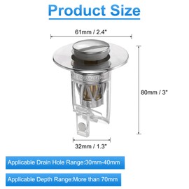 sourcing map Bathroom Sink Stopper with Seal Ring Push Type Sink Drain Strainer with ABS Filter Basket Hair Catcher Fit for 1.2"-1.6" Dia 2.8" Depth Sink Drain Hole, Silver
